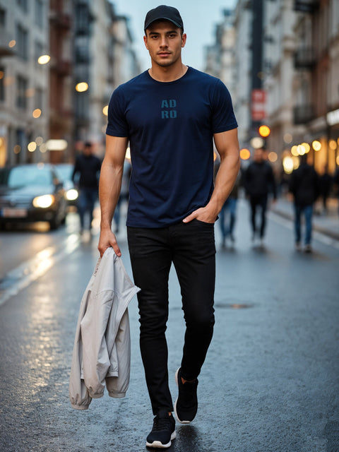 Adro Men’s Regular Fit T-Shirt – Minimal ADRO Text Design | 180 GSM Cotton Lycra Half Sleeve Round Neck Logo Tee