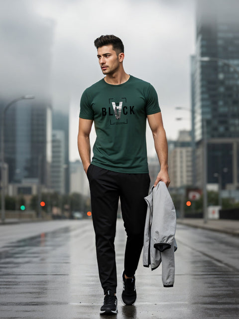 Adro Men’s Regular Fit T-Shirt – Bold Block Vision BLVCK Design | 180 GSM Cotton Lycra Half Sleeve Graphic Tee