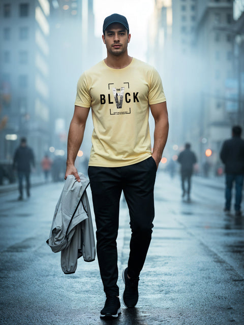 Adro Men’s Regular Fit T-Shirt – Bold Block Vision BLVCK Design | 180 GSM Cotton Lycra Half Sleeve Graphic Tee