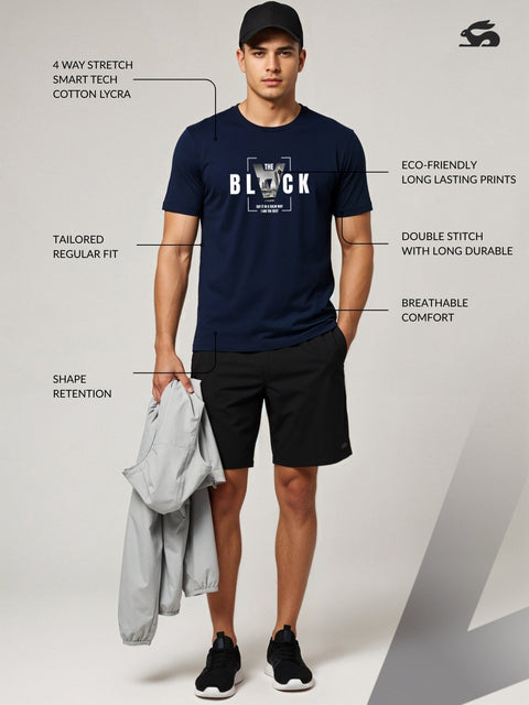 Adro Men’s Regular Fit T-Shirt – Bold Block Vision BLVCK Design | 180 GSM Cotton Lycra Half Sleeve Graphic Tee