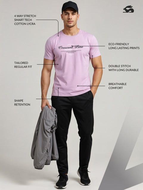 Adro Men’s Regular Fit T-Shirt – Crescent Line Classic Design | 180 GSM Cotton Lycra Soft Stretch Typography Tee