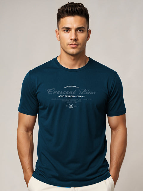 Adro Men’s Regular Fit T-Shirt – Crescent Line Classic Design | 180 GSM Cotton Lycra Soft Stretch Typography Tee