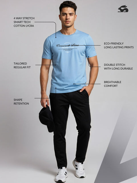 Adro Men’s Regular Fit T-Shirt – Crescent Line Classic Design | 180 GSM Cotton Lycra Soft Stretch Typography Tee