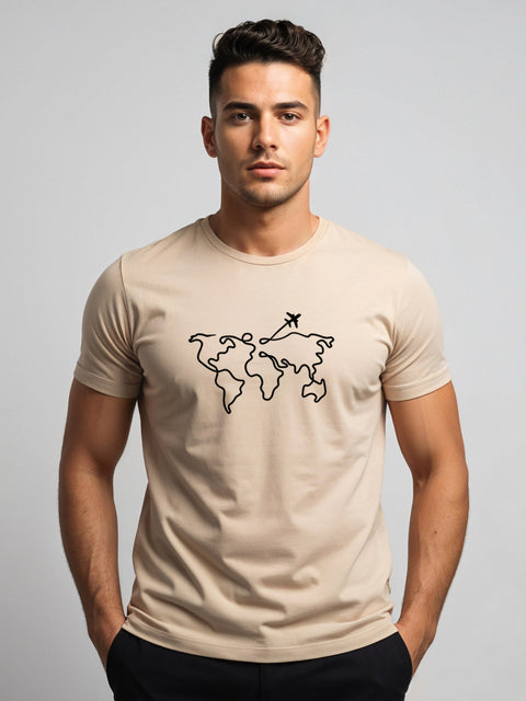 Adro Men’s Regular Fit T-Shirt – Wanderlust World Map Design | 180 GSM Cotton Lycra Travel-Inspired Graphic Tee