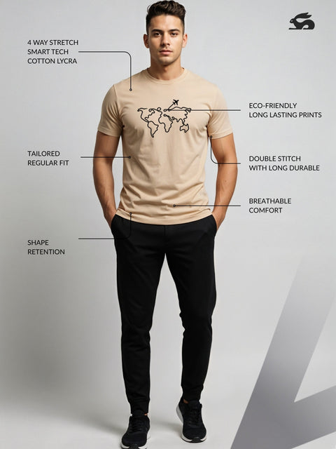 Adro Men’s Regular Fit T-Shirt – Wanderlust World Map Design | 180 GSM Cotton Lycra Travel-Inspired Graphic Tee
