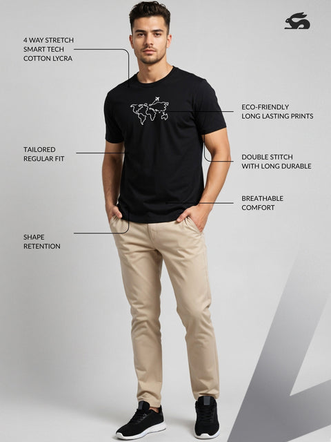 Adro Men’s Regular Fit T-Shirt – Wanderlust World Map Design | 180 GSM Cotton Lycra Travel-Inspired Graphic Tee
