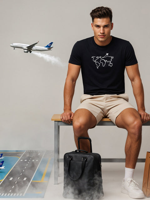 Adro Men’s Regular Fit T-Shirt – Wanderlust World Map Design | 180 GSM Cotton Lycra Travel-Inspired Graphic Tee
