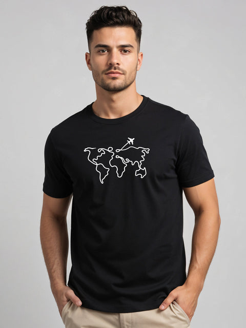 Adro Men’s Regular Fit T-Shirt – Wanderlust World Map Design | 180 GSM Cotton Lycra Travel-Inspired Graphic Tee