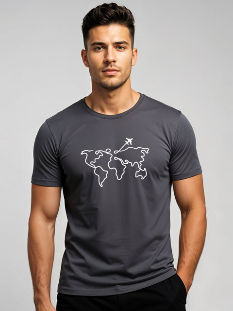 Adro Men’s Regular Fit T-Shirt – Wanderlust World Map Design | 180 GSM Cotton Lycra Travel-Inspired Graphic Tee