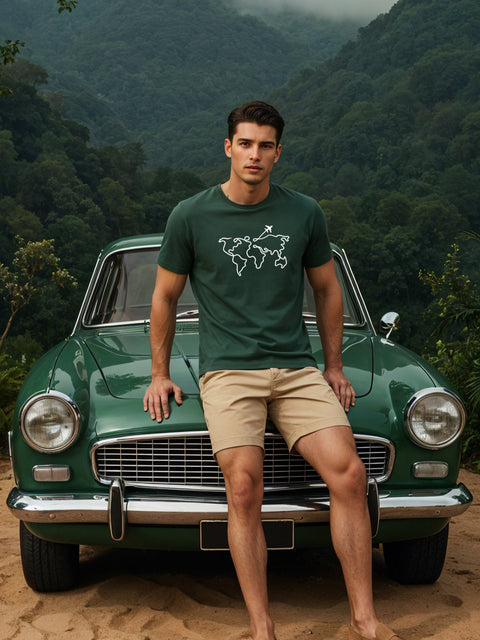 Adro Men’s Regular Fit T-Shirt – Wanderlust World Map Design | 180 GSM Cotton Lycra Travel-Inspired Graphic Tee