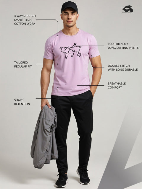 Adro Men’s Regular Fit T-Shirt – Wanderlust World Map Design | 180 GSM Cotton Lycra Travel-Inspired Graphic Tee