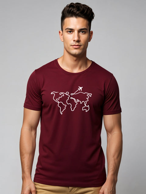 Adro Men’s Regular Fit T-Shirt – Wanderlust World Map Design | 180 GSM Cotton Lycra Travel-Inspired Graphic Tee