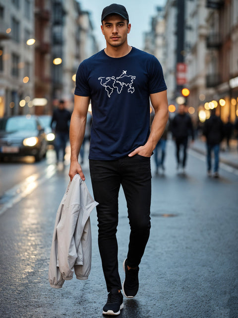 Adro Men’s Regular Fit T-Shirt – Wanderlust World Map Design | 180 GSM Cotton Lycra Travel-Inspired Graphic Tee