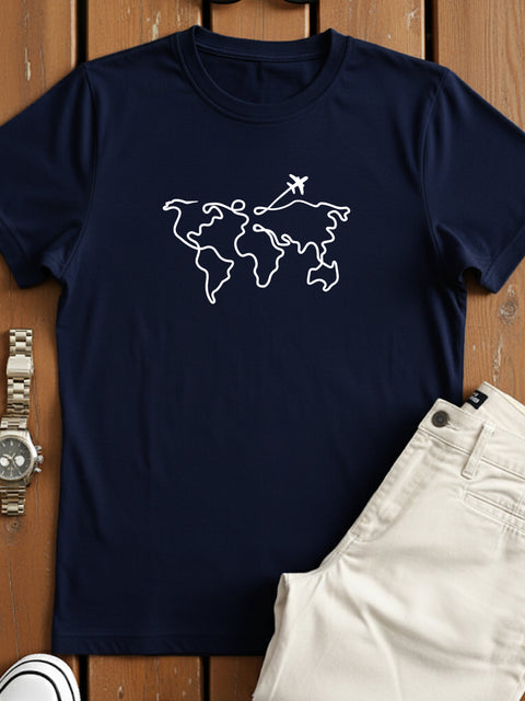 Adro Men’s Regular Fit T-Shirt – Wanderlust World Map Design | 180 GSM Cotton Lycra Travel-Inspired Graphic Tee