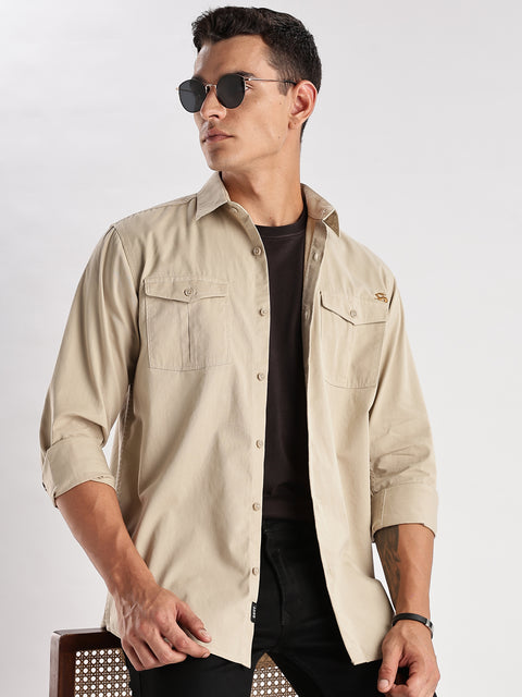 Adro Cargo Shirt for Men | Double Pocket Mens Casual Shirt | 100% Cotton Plain Shirt | Full Sleeve Shirt | Summer - Regular Fit Shirt