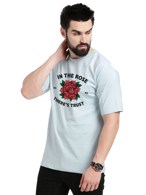Adro White Rose Graphic Printed 100% Cotton Oversized T-shirt for Men - ADRO Fashion