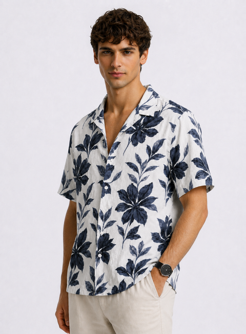 Adro Men’s Relaxed Fit Cuban Collar Cotton Linen Midnight Bloom Printed Shirt