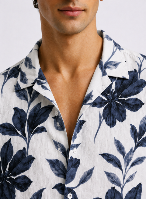 Adro Men’s Relaxed Fit Cuban Collar Cotton Linen Midnight Bloom Printed Shirt