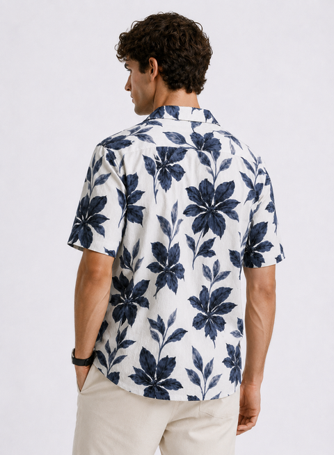 Adro Men’s Relaxed Fit Cuban Collar Cotton Linen Midnight Bloom Printed Shirt