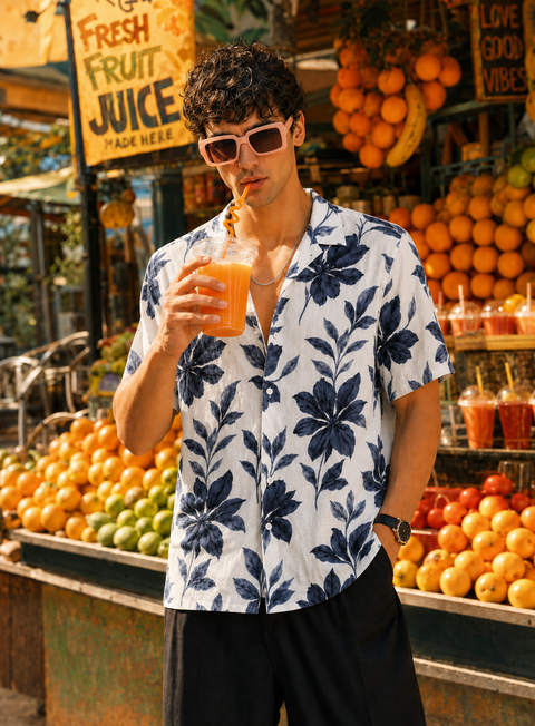 Adro Men’s Relaxed Fit Cuban Collar Cotton Linen Midnight Bloom Printed Shirt