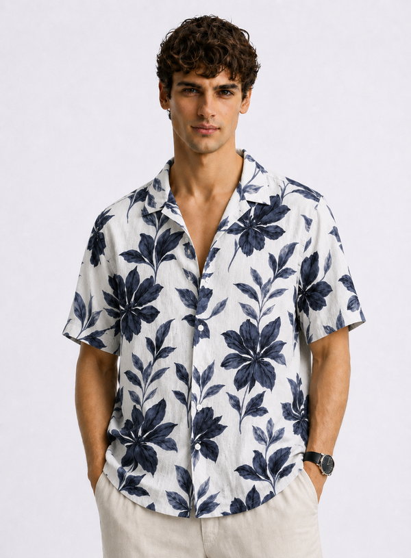 Adro Men’s Relaxed Fit Cuban Collar Cotton Linen Midnight Bloom Printed Shirt