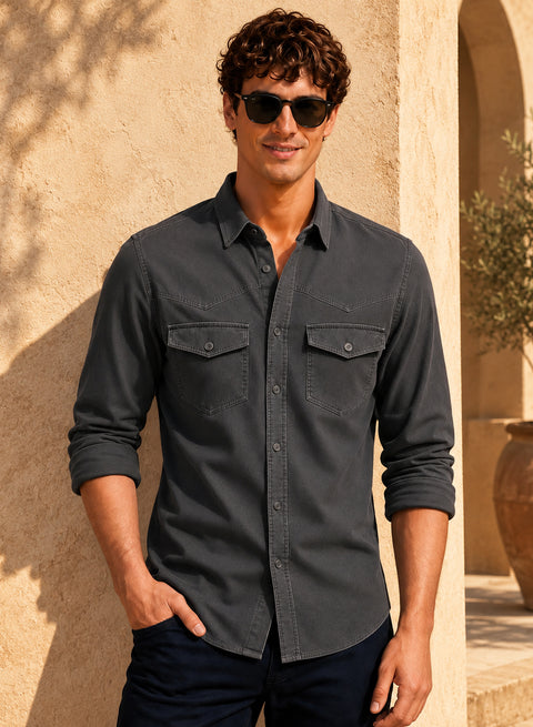ADRO Men's Structured Yoke Cargo Shirt | Full Sleeve Button Down Utility Cargo Shirt | Dark Grey | Regular Fit | Multi Pocket Casual Streetwear