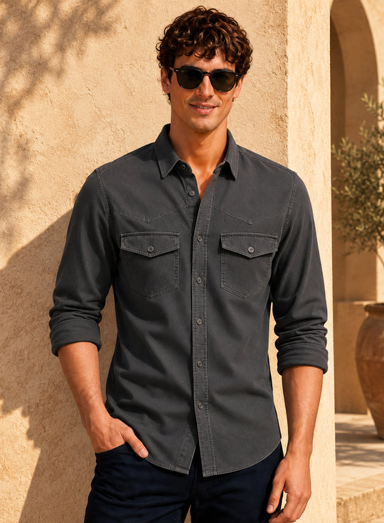 ADRO Men's Structured Yoke Cargo Shirt | Full Sleeve Button Down Utility Cargo Shirt | Dark Grey | Regular Fit | Multi Pocket Casual Streetwear