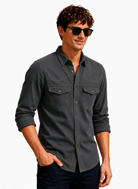 ADRO Men's Structured Yoke Cargo Shirt | Full Sleeve Button Down Utility Cargo Shirt | Dark Grey | Regular Fit | Multi Pocket Casual Streetwear