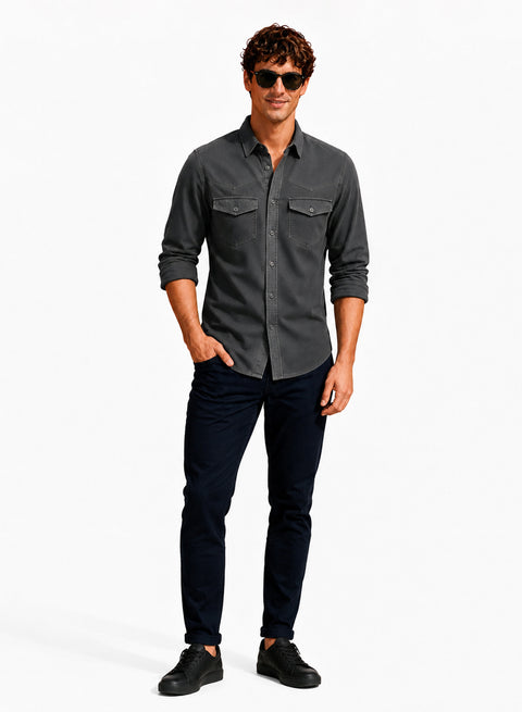 ADRO Men's Structured Yoke Cargo Shirt | Full Sleeve Button Down Utility Cargo Shirt | Dark Grey | Regular Fit | Multi Pocket Casual Streetwear