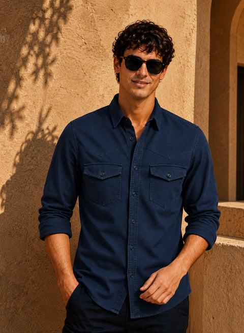 ADRO Men's Structured Yoke Cargo Shirt | Full Sleeve Button Down Utility Cargo Shirt | Teal Blue | Regular Fit | Multi Pocket Casual Streetwear