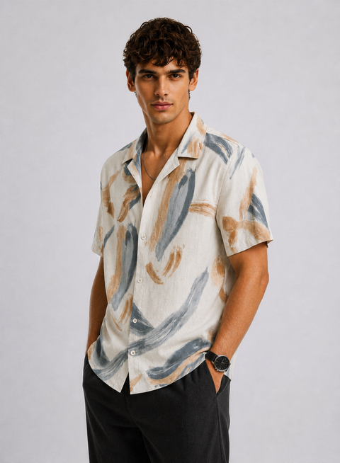 Adro Sand Drift Relaxed Fit Cuban Collar Cotton Linen Abstract Print Shirt for Men