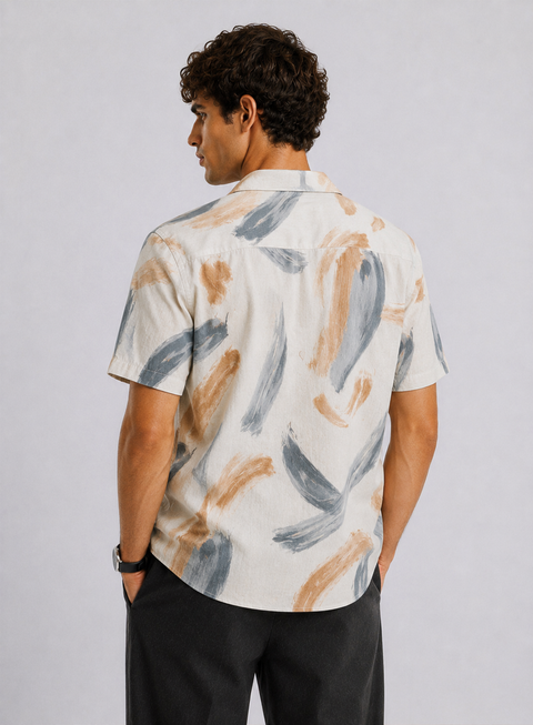 Adro Sand Drift Relaxed Fit Cuban Collar Cotton Linen Abstract Print Shirt for Men