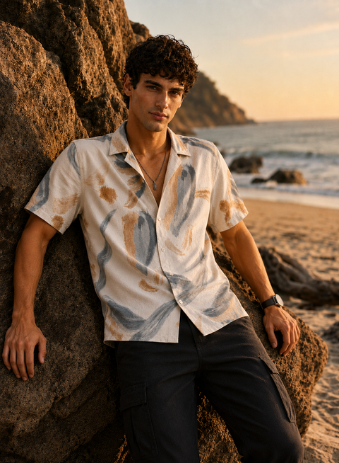 Adro Sand Drift Relaxed Fit Cuban Collar Cotton Linen Abstract Print Shirt for Men