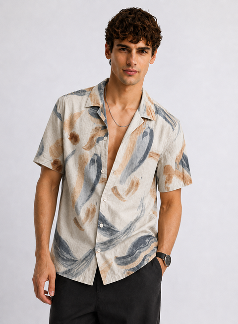 Adro Sand Drift Relaxed Fit Cuban Collar Cotton Linen Abstract Print Shirt for Men