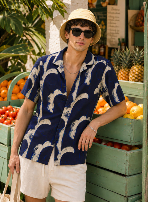 Adro Midnight Arc Relaxed Fit Cuban Collar Cotton Nylon Printed Shirt