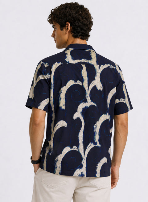 Adro Midnight Arc Relaxed Fit Cuban Collar Cotton Nylon Printed Shirt