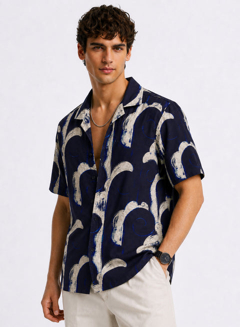 Adro Midnight Arc Relaxed Fit Cuban Collar Cotton Nylon Printed Shirt