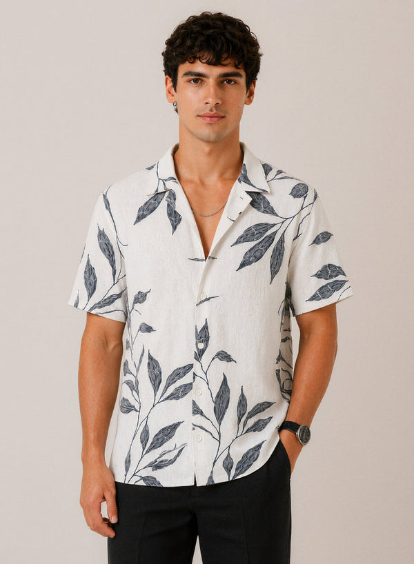 Adro Men’s Relaxed Fit Cuban Collar Cotton Linen Silver Fern Printed Shirt – White Grey
