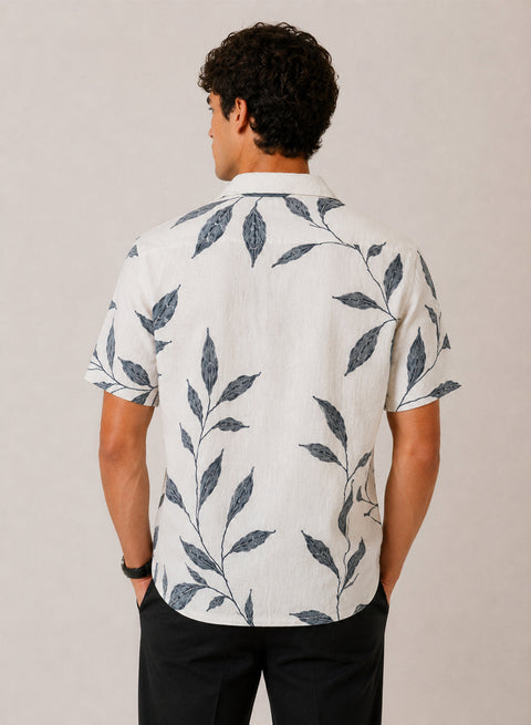 Adro Men’s Relaxed Fit Cuban Collar Cotton Linen Silver Fern Printed Shirt – White Grey