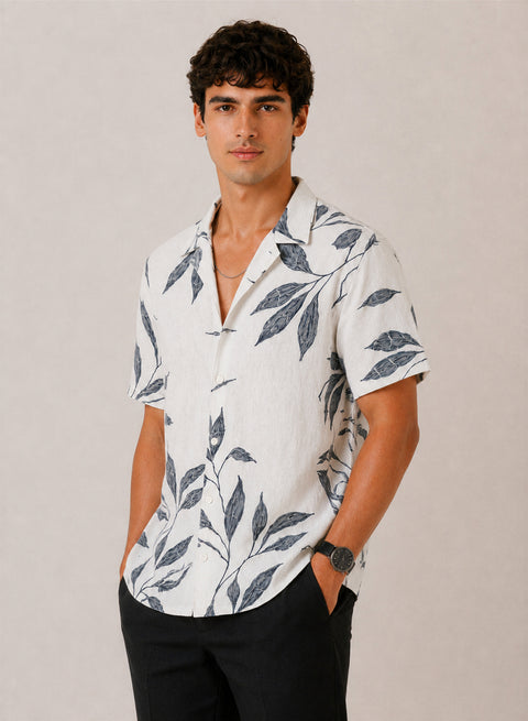 Adro Men’s Relaxed Fit Cuban Collar Cotton Linen Silver Fern Printed Shirt – White Grey