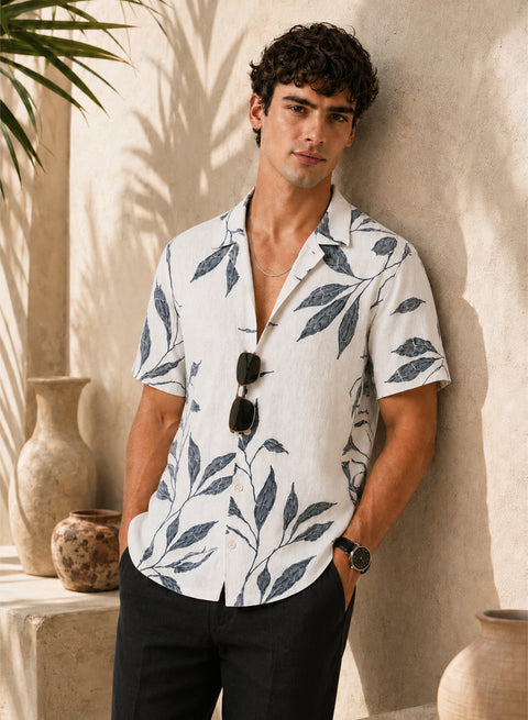 Adro Men’s Relaxed Fit Cuban Collar Cotton Linen Silver Fern Printed Shirt – White Grey