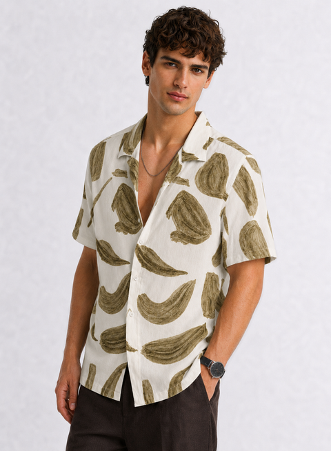 Adro Men’s Relaxed Fit Cuban Collar Cotton Linen Olive Stroke Printed Shirt – Off White Olive