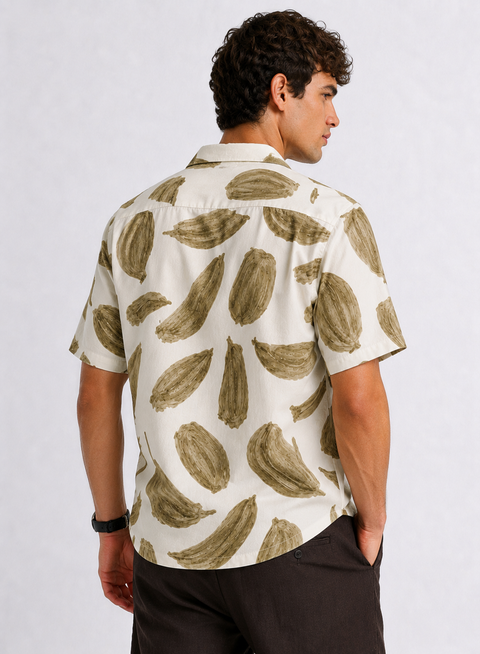 Adro Men’s Relaxed Fit Cuban Collar Cotton Linen Olive Stroke Printed Shirt – Off White Olive