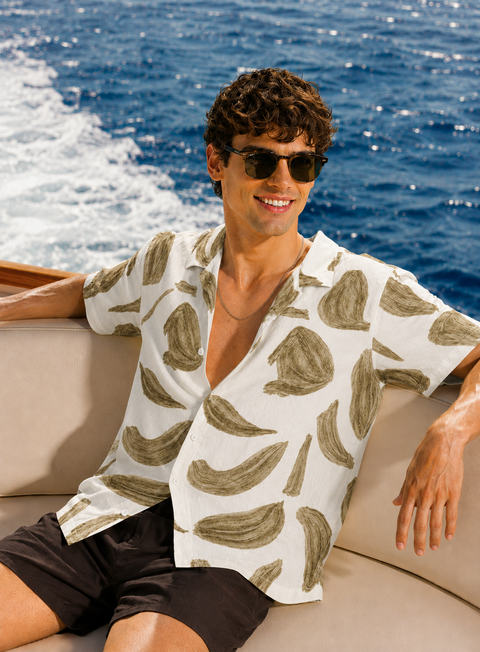 Adro Men’s Relaxed Fit Cuban Collar Cotton Linen Olive Stroke Printed Shirt – Off White Olive