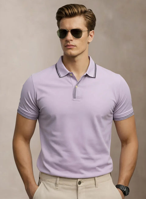 Adro Cotton Polo T Shirt for men | Regular Fit Polo T-shirt | Short Sleeve Lavender Solid Polo Tshirt | Premium Soft Fabric for Summer Lavender