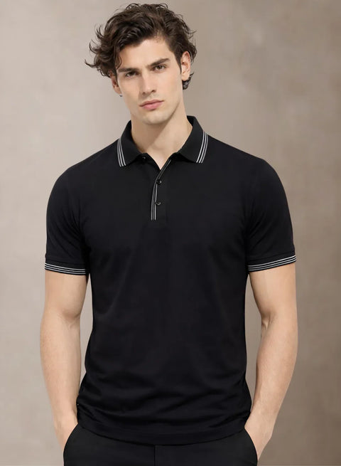 Adro Cotton Polo T Shirt for men | Regular Fit Polo T-shirt | Short Sleeve Black Solid Polo Tshirt | Premium Soft Fabric for Summer Black