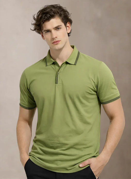 Adro Cotton Polo T Shirt for men  |  Regular Fit Polo T-shirt  |  Short Sleeve Light Olive Solid Polo Tshirt |  Premium Soft Fabric for Summer