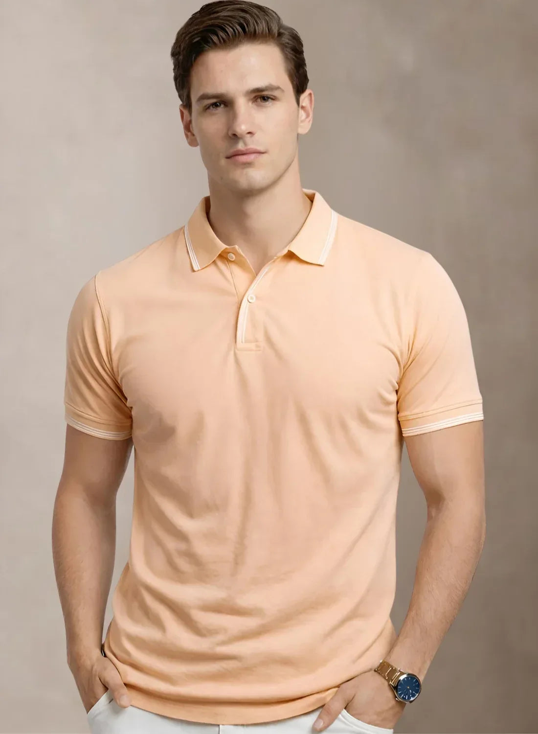 Adro Cotton Polo T Shirt for men | Regular Fit Polo T-shirt | Short Sleeve Peach Fuzz Solid Polo Tshirt | Premium Soft Fabric for Summer Peach Fuzz