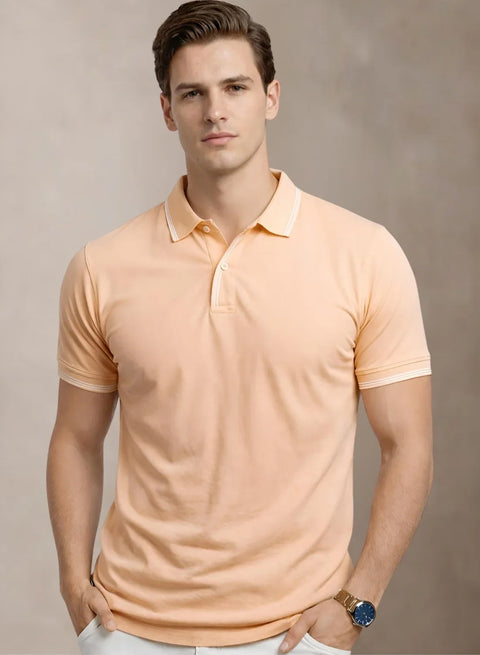 Adro Cotton Polo T Shirt for men | Regular Fit Polo T-shirt | Short Sleeve Peach Fuzz Solid Polo Tshirt | Premium Soft Fabric for Summer Peach Fuzz