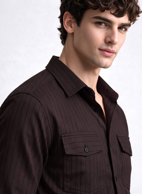 ADRO Men's Tonal Pinstripe Double Pocket Casual Shirt | Dark Brown Striped Shirt | Regular Fit Full Sleeve Button Front Casual Wear for Men